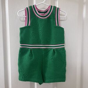 Janie and Jack Green Quilted Jacquard Romper Pink White Ribbed Girls Size 3